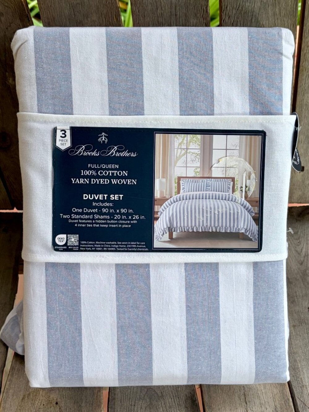 Brooks Brothers Blue & White Stripe Ruffled FULL/QUEEN Size Cotton Duvet Set